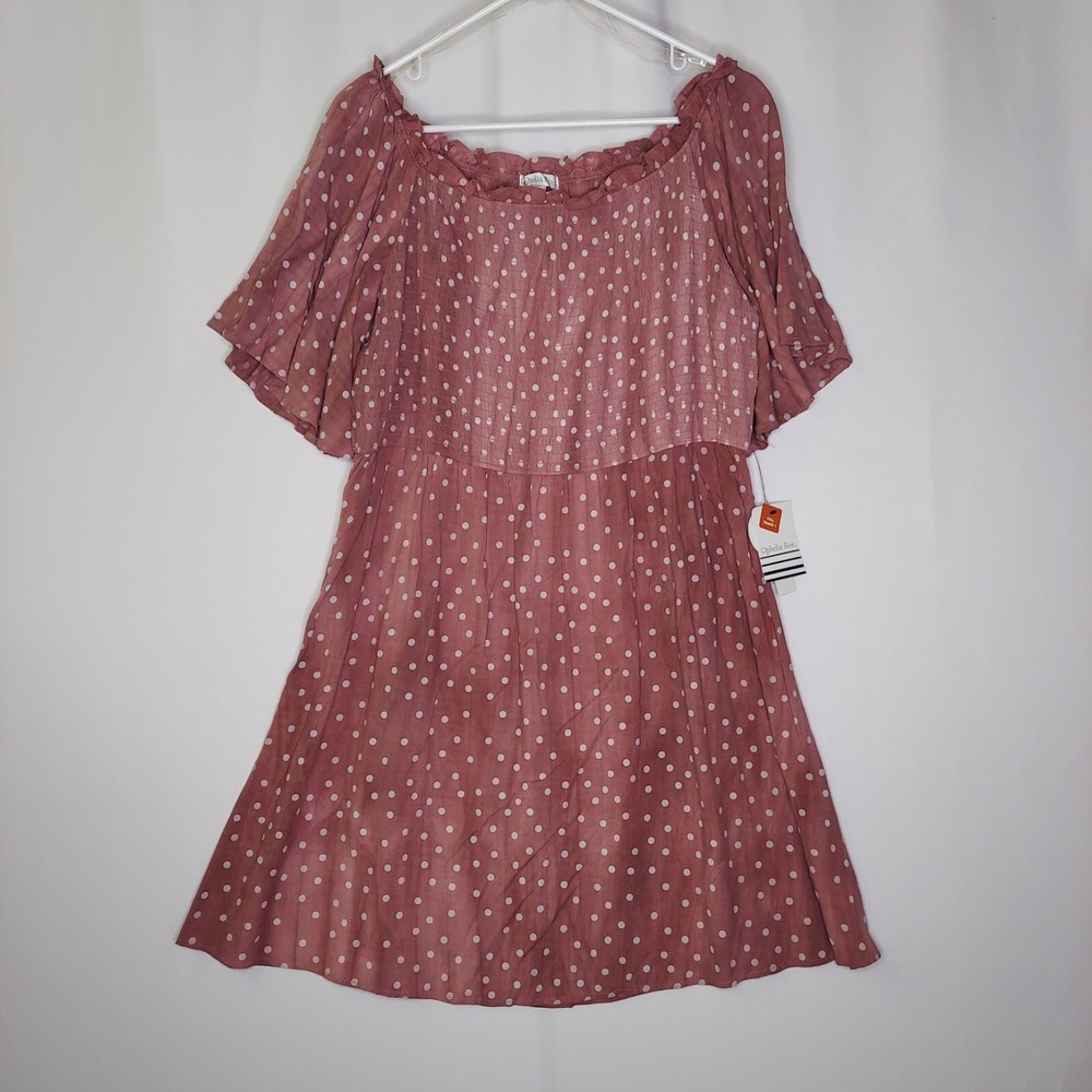 Ophelia Roe Dress XL Pink Polka-Dot Smocked Flutter Short Sleeve Off-Shoulder‎
